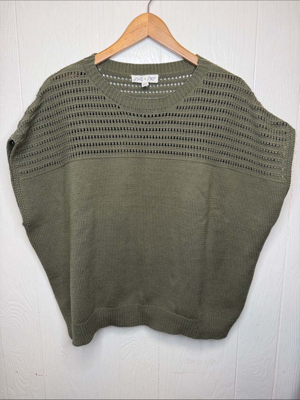 She + Sky Olive Scoop Neck Open Stitch Sweater L